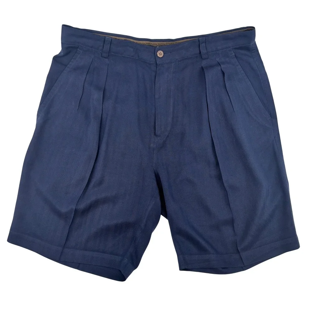 Tommy Bahama Vintage 100% Silk Pleated Shorts Navy Blue Herringbone Mens 34